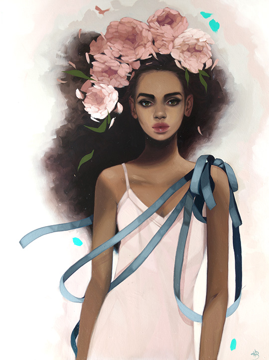 A painting by Kelsey Beckett of a black woman with big pink flowers in her hair, which is large and flowing. She is wearing a white dress with a bunch of blue ribbon on her left shoulder that flows across her body.